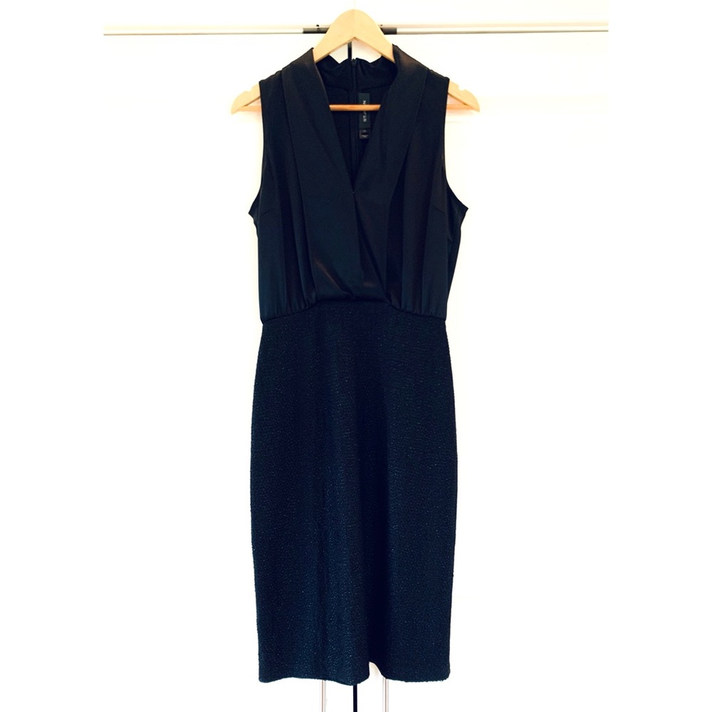 St. John Dress Black Cocktail Sheath Satin V Neck Bodice Knit Skirt Career Sz 6